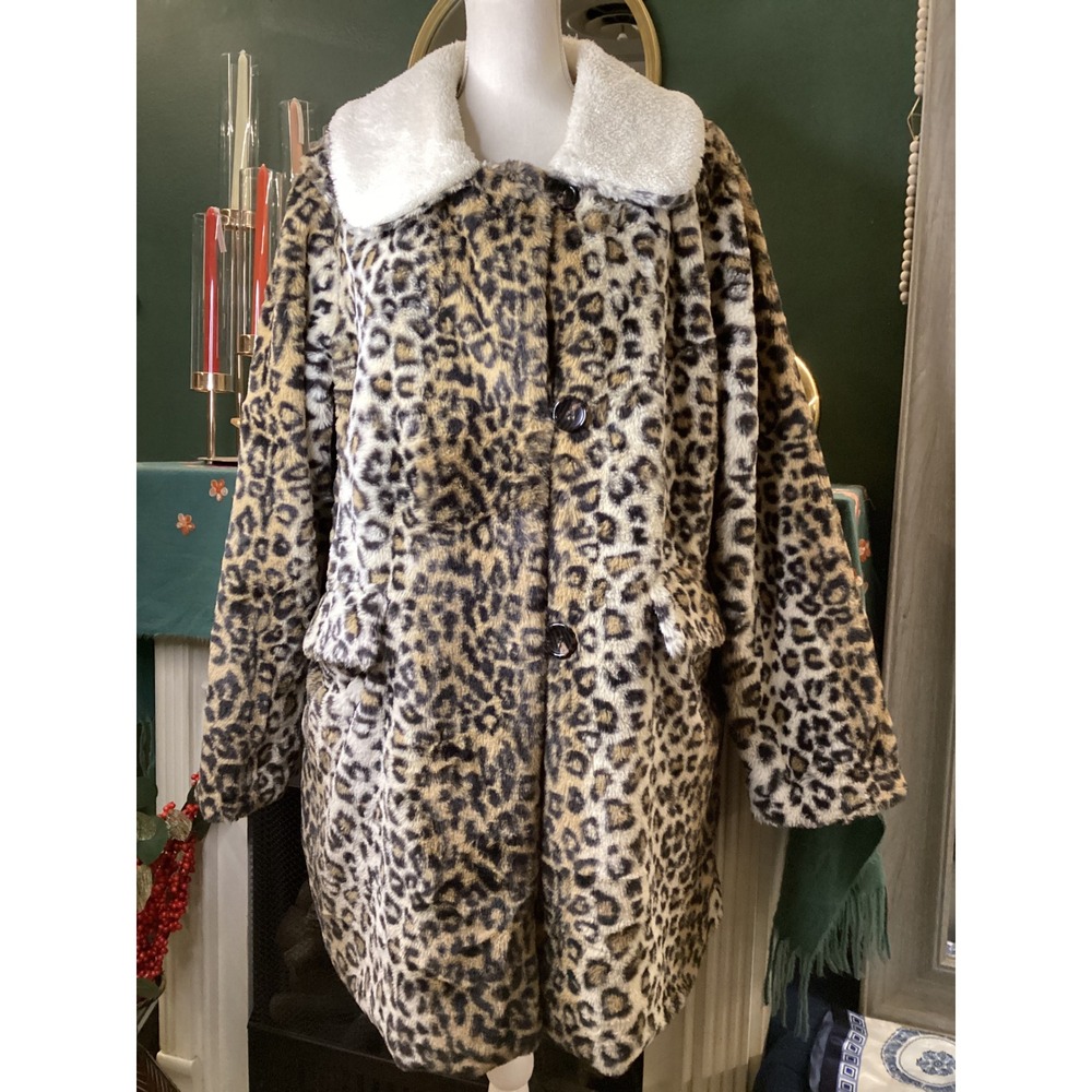 Steve Madden Leopard Print Faux Fur Coat with Sherpa Collar Tan White XL